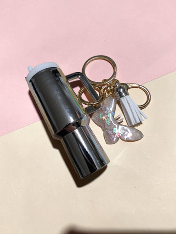 Cute Mini Tumbler Keychain with Handmade Resin Glitter Butterfly & Tassel | Aesthetic Bag Charm, Keychain for Backpack, Water Bottle Accesso