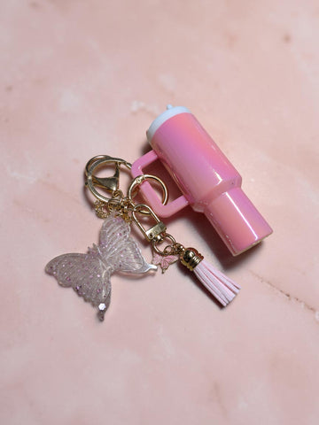 Cute Mini Tumbler Keychain with Handmade Resin Glitter Butterfly & Tassel | Aesthetic Bag Charm, Keychain for Backpack, Water Bottle Accesso