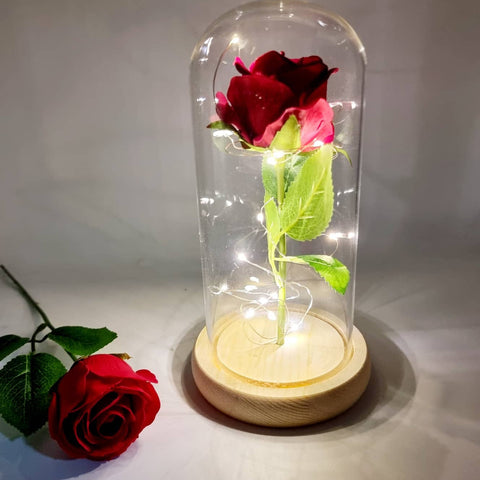 LED Single Stem Rose Red Wooden base